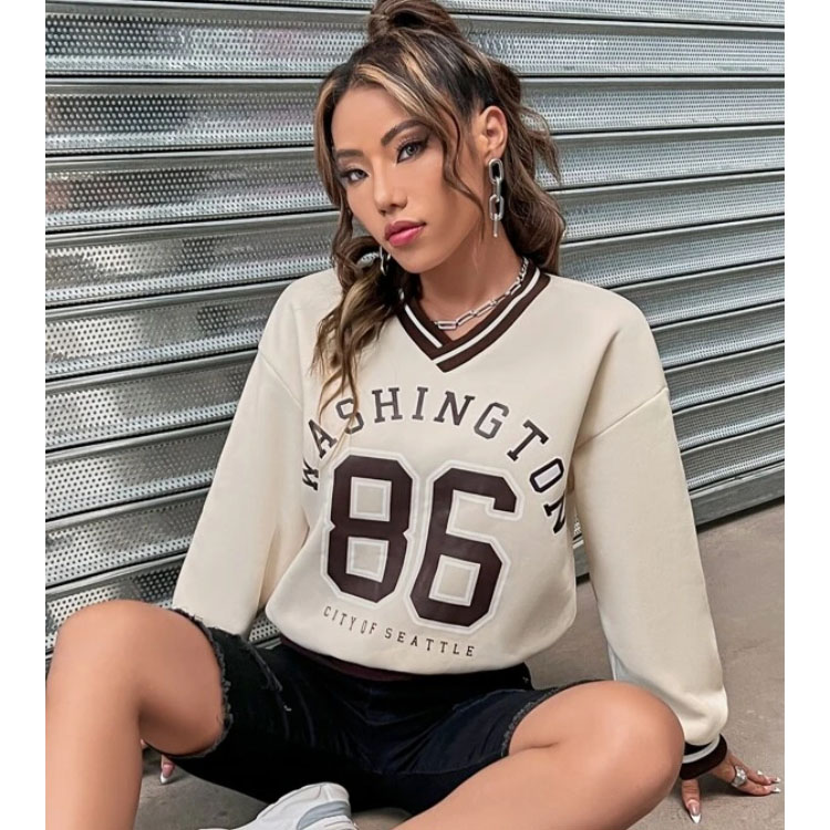 Women's Letter Graphic V-neck Beige Sweatshirt