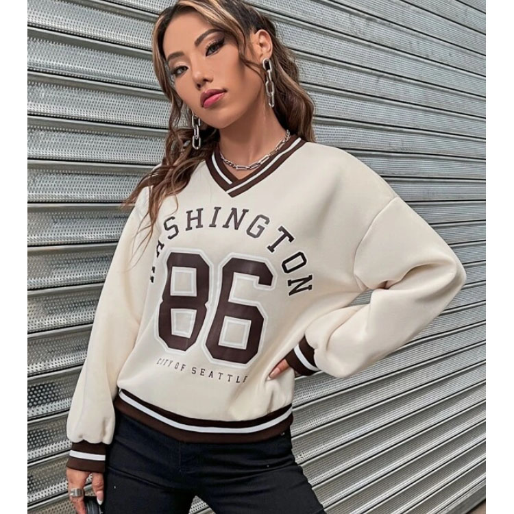 Women's Letter Graphic V-neck Beige Sweatshirt