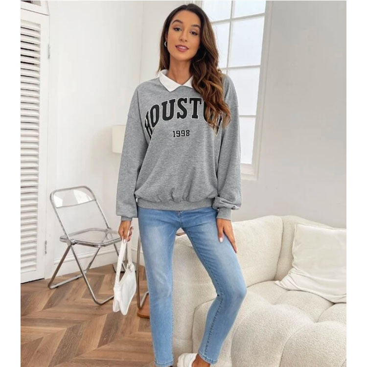 Women's Letter Pattern Lapel Grey Sweatshirt