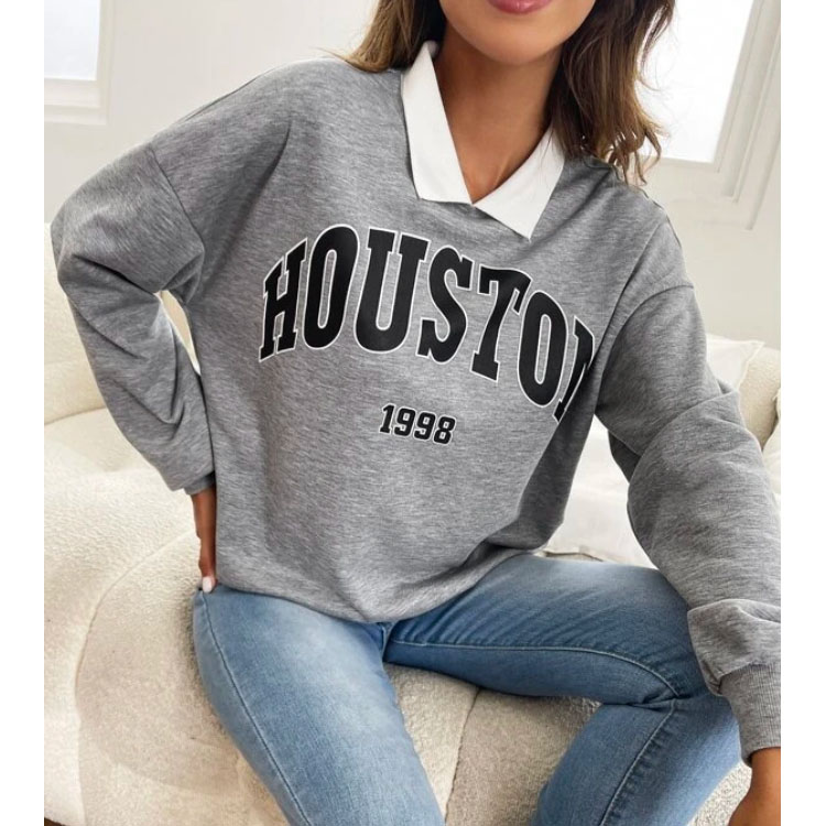 Women's Letter Pattern Lapel Grey Sweatshirt