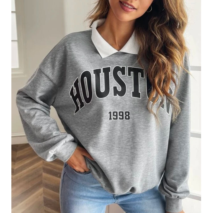 Women's Letter Pattern Lapel Grey Sweatshirt