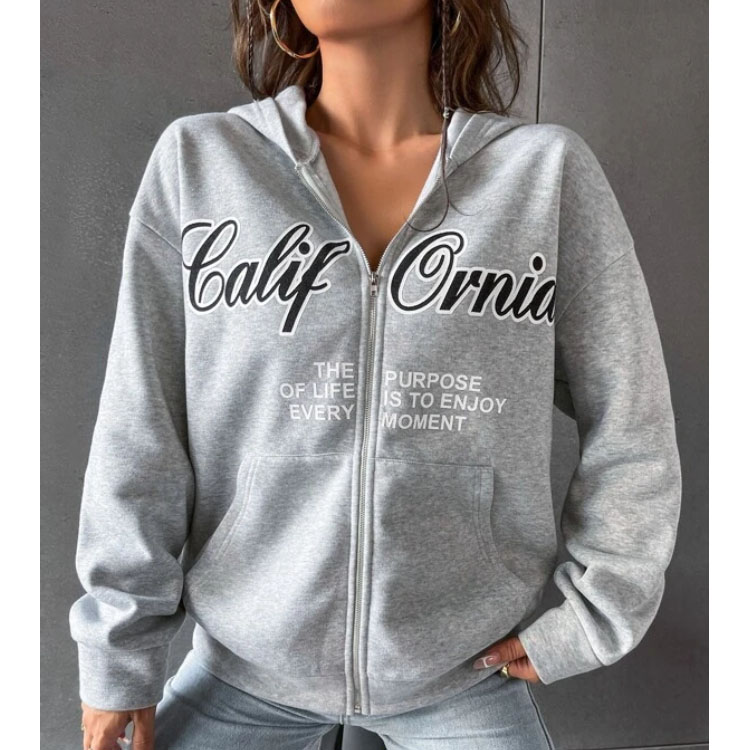 Women's Zipper Letter Graphic Grey Hoodie