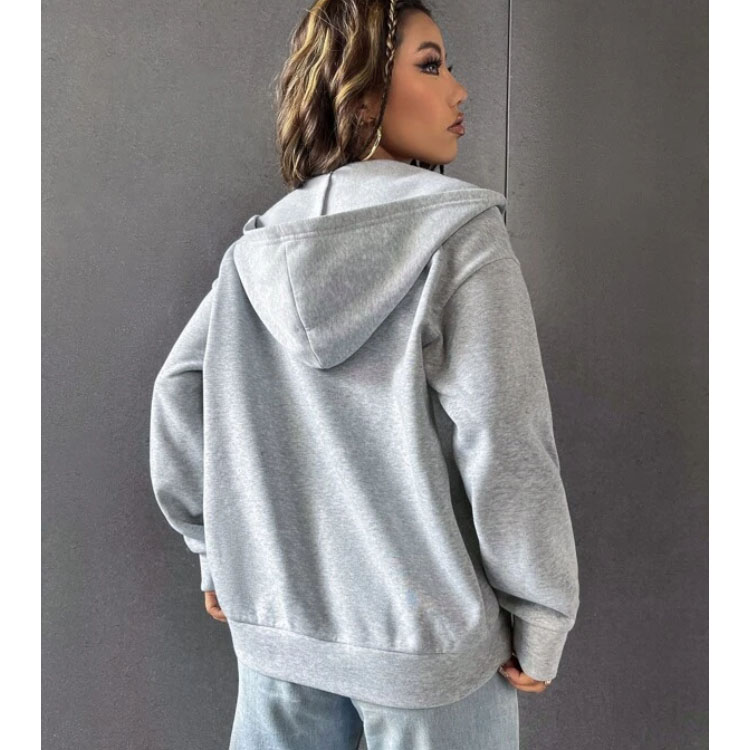 Women's Zipper Letter Graphic Grey Hoodie