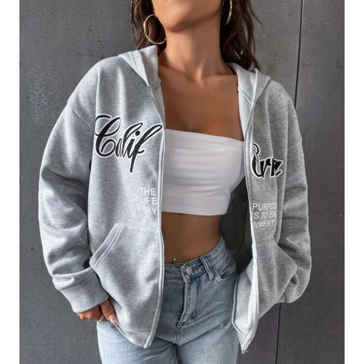 Women's Zipper Letter Graphic Grey Hoodie
