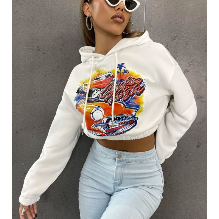 Women's Short White Pullover Drawstring Hoodie