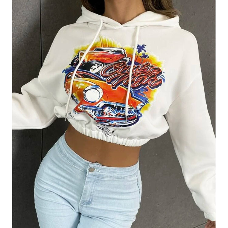 Women's Short White Pullover Drawstring Hoodie