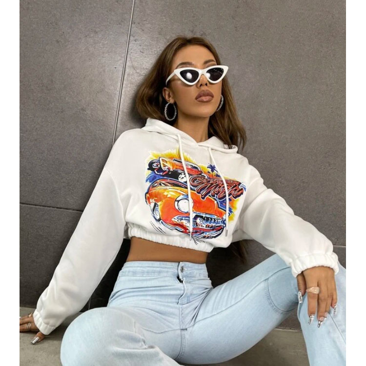 Women's Short White Pullover Drawstring Hoodie