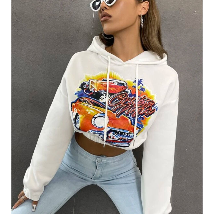 Women's Short White Pullover Drawstring Hoodie