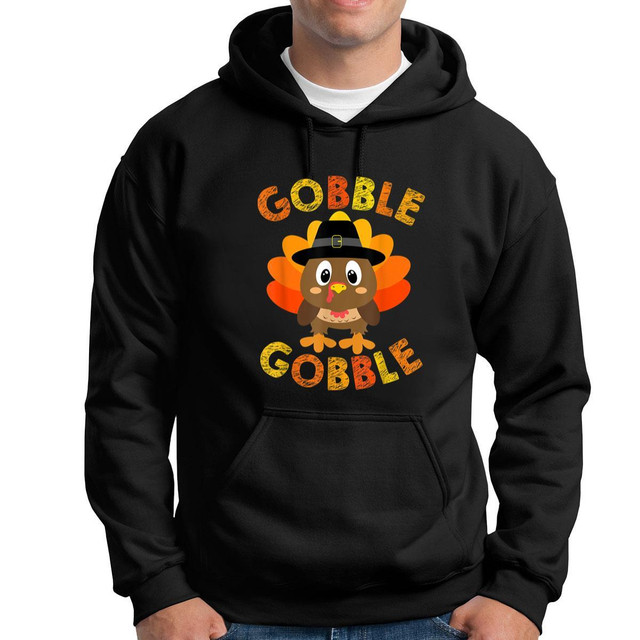 Men Printed Black Hoodie Thanksgiving