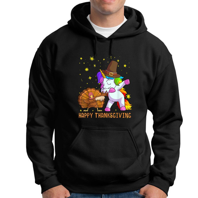 Men Printed Black Hoodie Thanksgiving