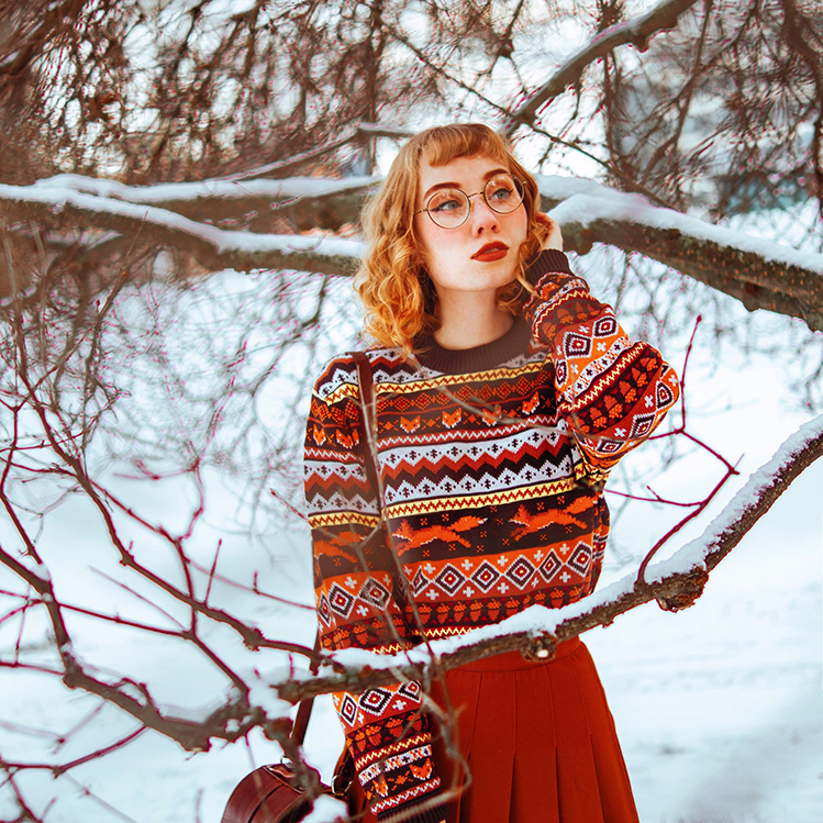 Crew Neck Nordic Jacquard Fox Sweater