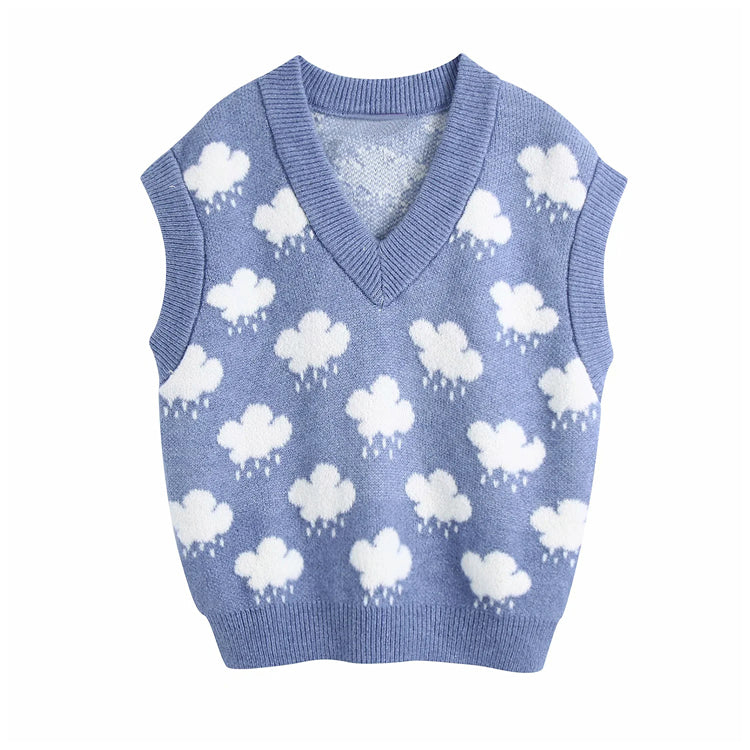 Vest Vintage V Neck Cloud Pattern Sweater