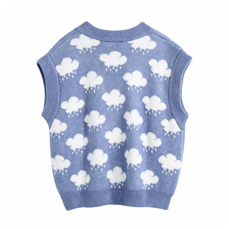 Vest Vintage V Neck Cloud Pattern Sweater