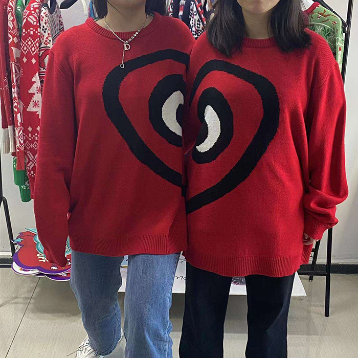 Valentine's Day Red Heart Jacquard Round Neck Sweater