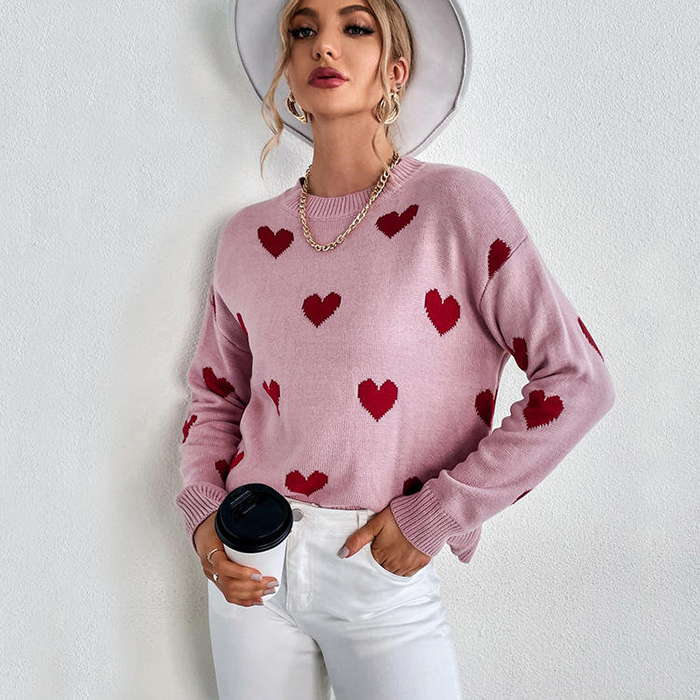 Style Ladies Tops College Style Sweet Love Pink Sweater Pullover Women