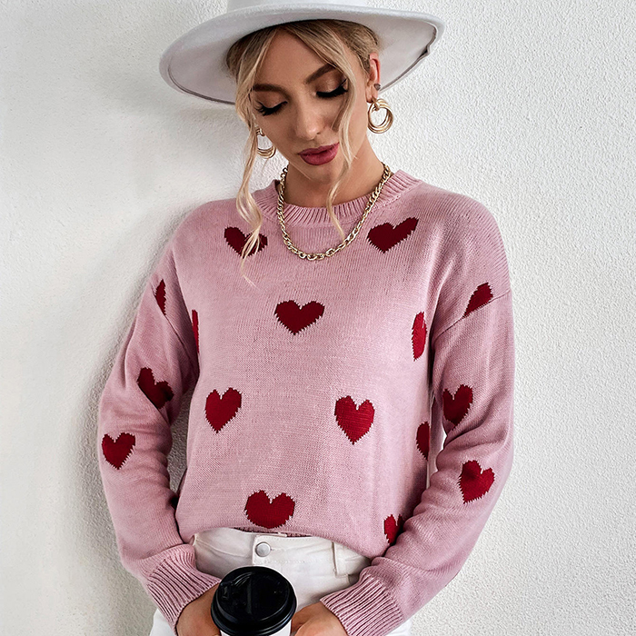 Style Ladies Tops College Style Sweet Love Pink Sweater Pullover Women