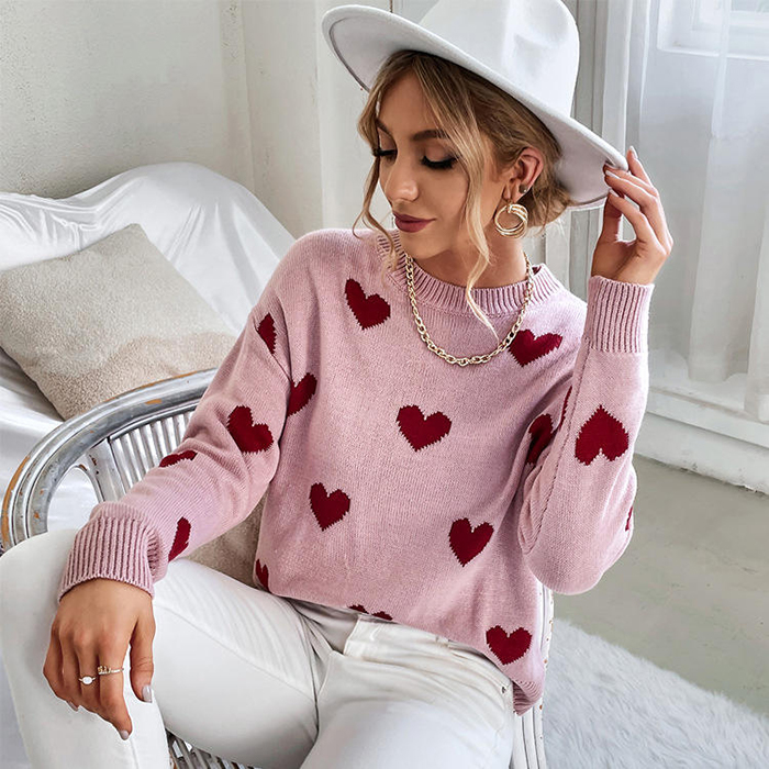 Style Ladies Tops College Style Sweet Love Pink Sweater Pullover Women