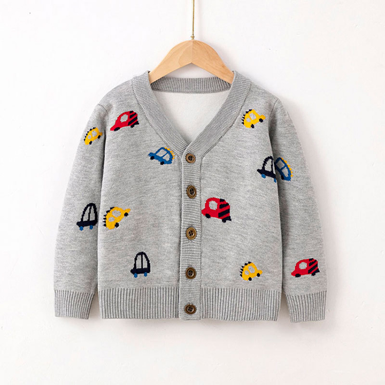 Children's Cartoon Car Pattern Jacquard Knitted Cardigan Sweater