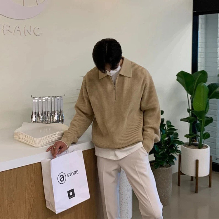 Men Zip Half Warm Knit Spring Sweater