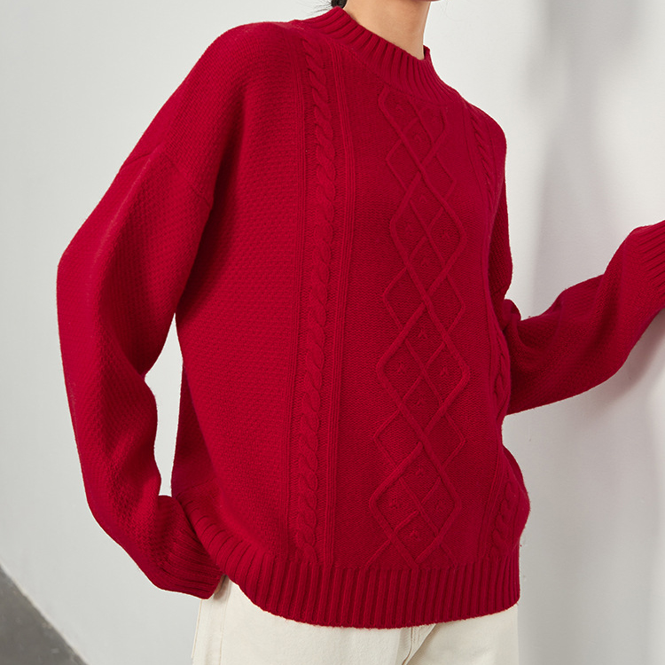 Wholesale Solid Red Women's Spring Crewneck Knit Sweater
