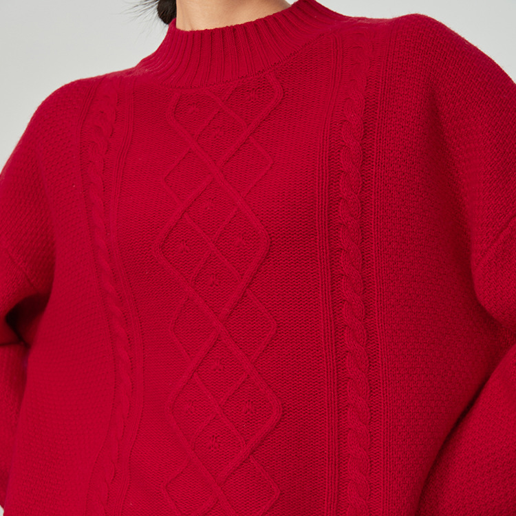 Wholesale Solid Red Women's Spring Crewneck Knit Sweater