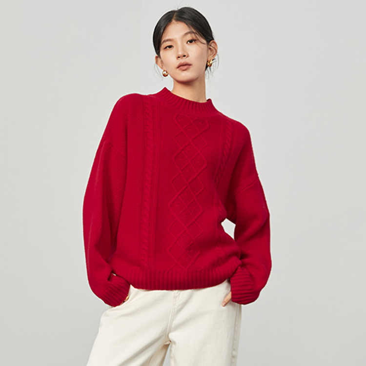 Wholesale Solid Red Women's Spring Crewneck Knit Sweater