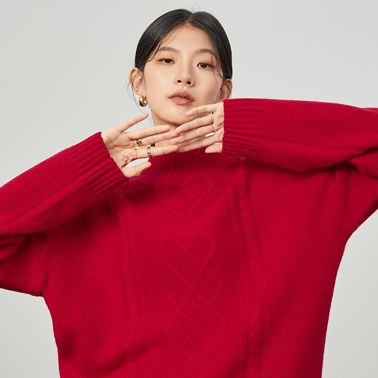 Wholesale Solid Red Women's Spring Crewneck Knit Sweater