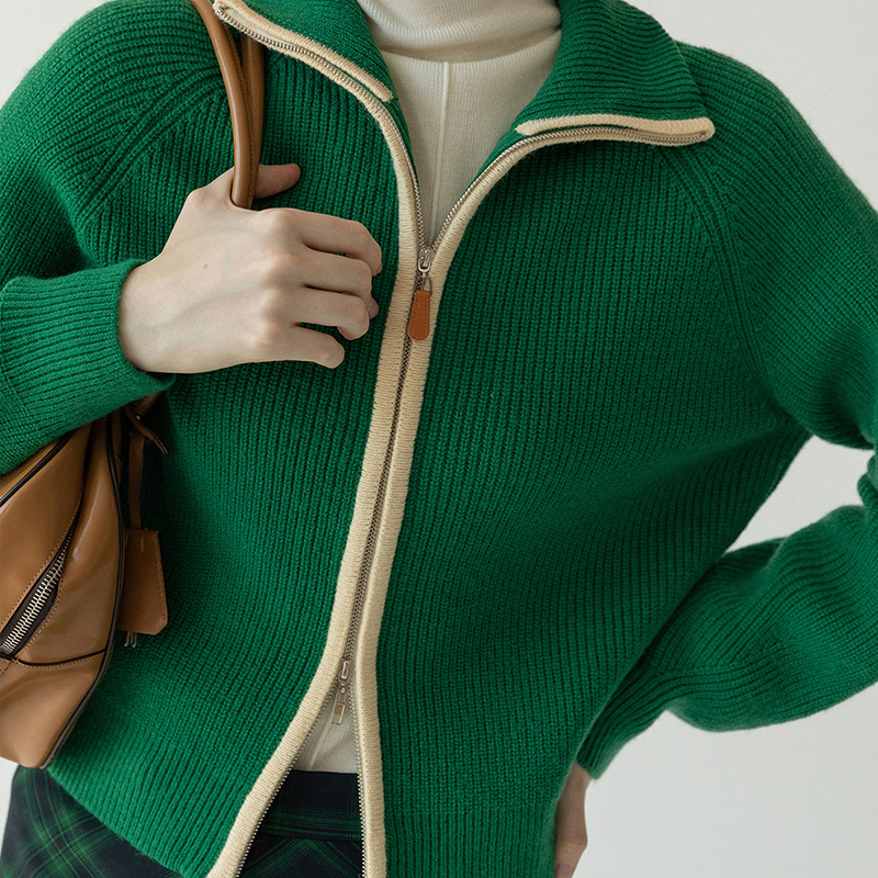 Green Zip Women Knitted Spring Sweater