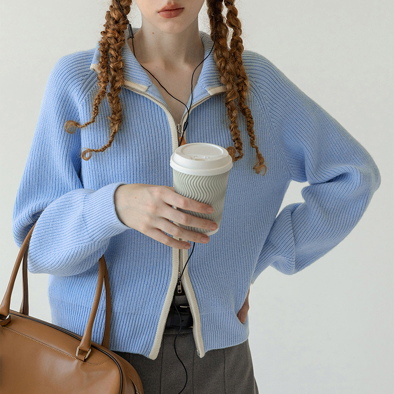 Green Zip Women Knitted Spring Sweater