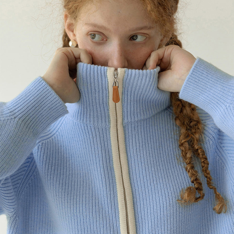 Green Zip Women Knitted Spring Sweater