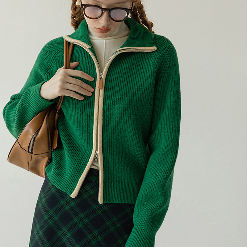 Green Zip Women Knitted Spring Sweater